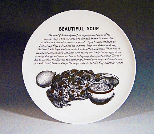 Inventory:  Piero Fornasetti, Vintage Piero Fornasetti Fleming Joffe Recipe Plate Beautiful Soup, 1960s, $850