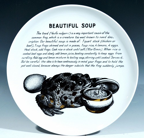 Inventory:  Piero Fornasetti, Piero Fornasetti Fleming Joffe Porcelain Recipe Plate, Beautiful Soup, 1960s-early 70s, $785