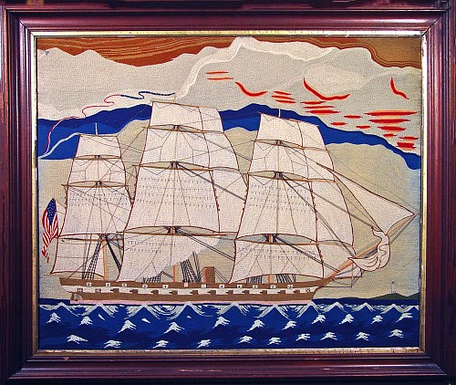 Inventory:  Sailor's Woolwork, Massive American Sailor's Woolwork Picture of a Frigate, 1865, SOLD •