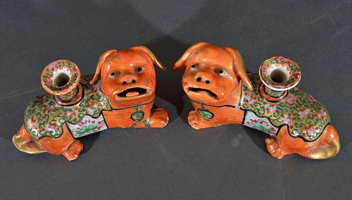 Inventory:  Chinese Export Porcelain, Chinese Export Canton Porcelain Foo Dog Candlesticks, 1860, SOLD •