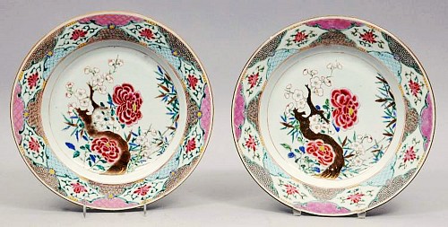 Inventory:  Chinese Export Porcelain, Chinese Export Famille Rose Porcelain Pair of Large Dishes, Circa 1735-50, $5,500