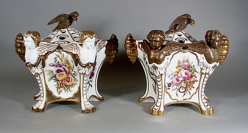 Inventory:  Spode Factory, Antique Spode Porcelain Bough Pots and Covers with Cherub Head and Shell Handles, Circa 1810-15, $3,500