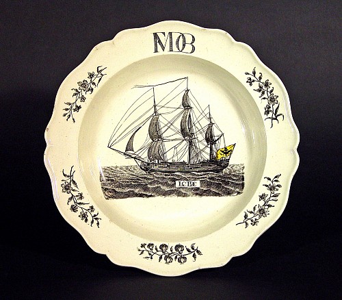 Inventory:  Wedgwood Pottery, Antique English Wedgwood Creamware Soup Plate with Ship Flying the Flag of the last German Emperor, Circa 1775-90, $2,200