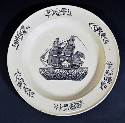 Inventory:  Creamware Pottery, American Ship decorated English Pottery Creamware Plate, 1785-1800, $550
