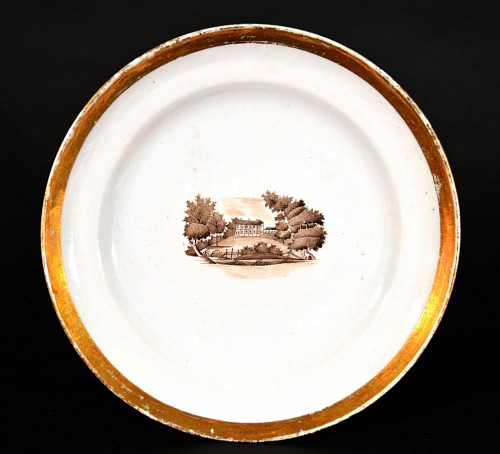 Inventory:  Chinese Export Porcelain, Chinese Export Porcelain American Market Plate with view of A Mansion,
Made for Isaac Cooper Jones, A Philadelphia merchant, Circa 1825, $800