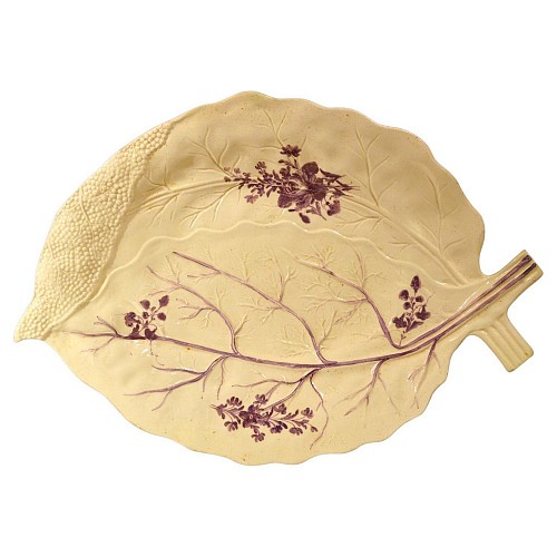 Inventory:  Creamware Pottery, Antique English 18th-century Derbyshire Creamware Large Leaf Dish, Circa 1785, $1,850
