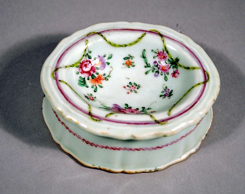 Inventory:  Chinese Export Porcelain, Chinese Export Porcelain Famille Rose Trencher Salt Cellar, Circa 1770, $660