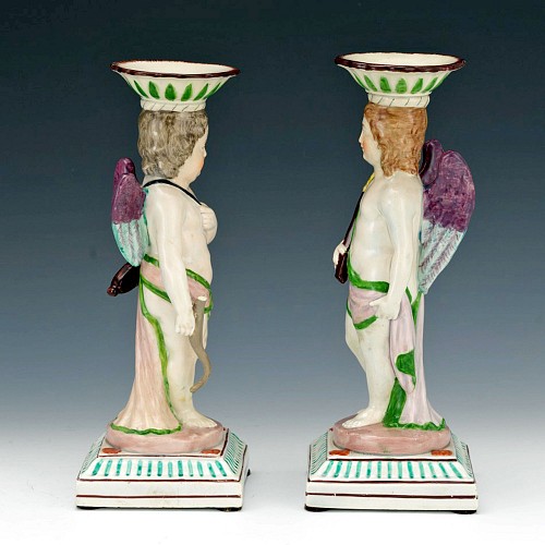 Inventory:  Pearlware, English Pearlware Pair of Putti Figural Candlesticks, Attributed to Neale & Co, Circa 1800, SOLD •