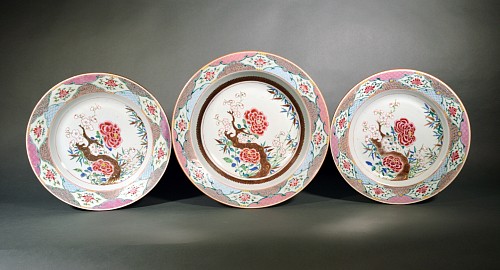 Inventory:  Chinese Export Porcelain, 18th Century Chinese Export Famille Rose Porcelain Set of Basin & Matching Pair of Large Dishes, Circa 1735-50, $13,000