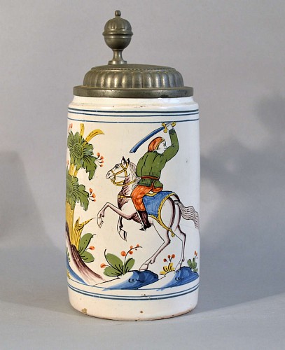 Inventory:  German Faience, German Faience (Tin-glazed Earthenware) Pewter-mounted Tankard, Probably Thuringia, Circa 1750, SOLD •