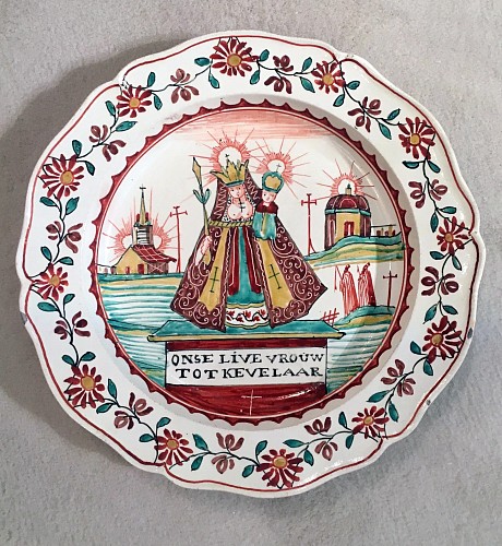 Search:  Creamware Pottery, Dutch-decorated English Creamware Plate,  Onse Live Vrouw Tot Kevelaar (Our Lady to Kevelaar), Circa 1765-75, $795