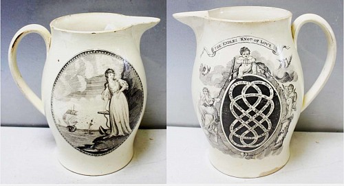 Inventory:  Creamware Pottery, English Large Creamware Jug decorated with the ""Endless Knot of Love"" Pattern, Circa 1800, $3,500