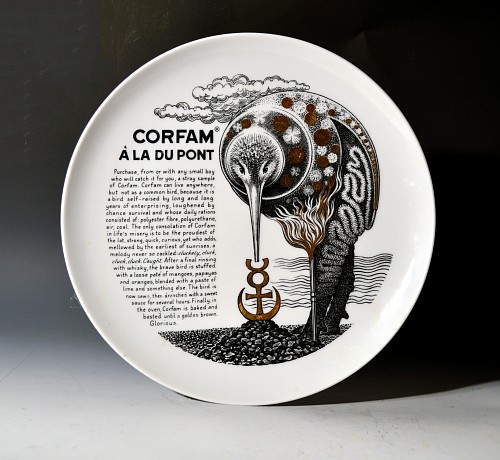 Inventory:  Piero Fornasetti, Piero Fornasetti Fleming Joffe Porcelain Recipe Plate- Corfam A La Dupont, 1960s, $850