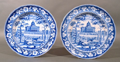 Search:  Staffordshire, Boston State House Staffordshire Blue & White Pottery Plates, Rogers, 1825, $475