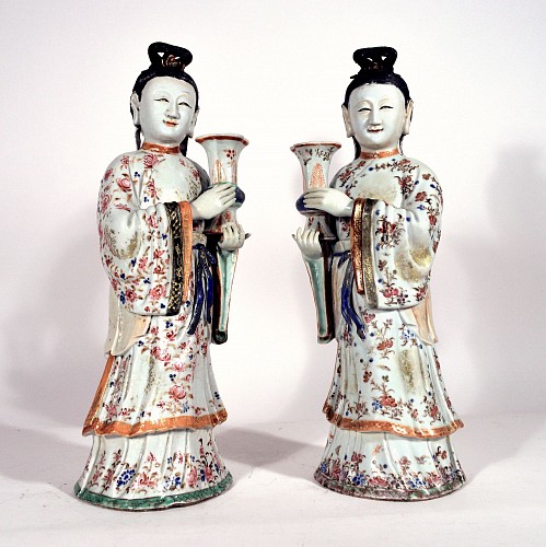 Inventory:  Chinese Export Porcelain, 18th.Century Chinese Export Porcelain Pair of Court Maiden Candlesticks, 1760-75, $19,500