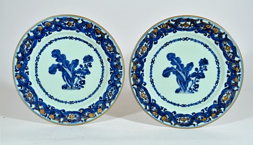 Inventory:  Chinese Export Porcelain, Chinese Export Porcelain Blue and White Porcelain Plates after Maria Sybille Merian, Design probably from the Pronk Workshop, 1740-45, $3,500