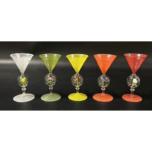 Inventory:  Bimini Glass, Bimini Glass Set of Venetian-style Cordial Glasses with Flower Decoration, 1930s, SOLD •