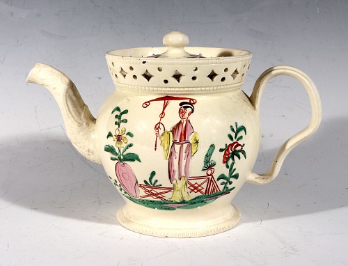 Search:  British Pottery, English Creamware Chinoiserie Teapot & Cover with Openwork Gallery, 1775, $3,000