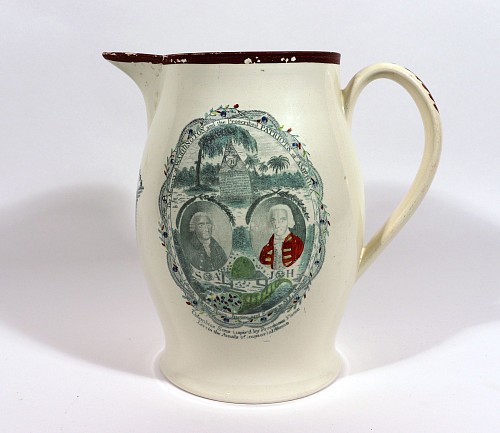 Inventory:  Creamware Pottery, The Memory of Washington and the Proscribed Patriots of America Transfer and Painted Creamware Jug, 1800-1815, $5,000