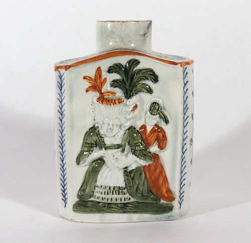 Search:  Pearlware, Prattware Pottery Macaroni Tea Caddy, Possibly Prestonpans. Scotland or Staffordshire, 1790-1800, $1,250