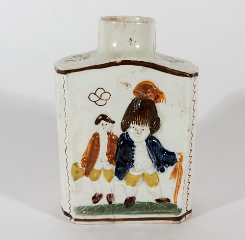 Search:  Pearlware, Prattware Pottery "Macaroni" Tea Caddy, Possibly Prestonpans. Scotland or Staffordshire, 1790-1800, $1,250