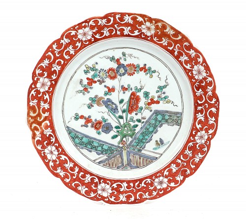 Inventory:  Chinese Export Porcelain, Kangxi Chinese Famille Verte Large Porcelain Plate with Coral Border, Circa 1700, $1,250