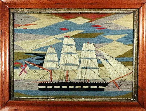 Inventory:  Sailor's Woolwork, British Sailor's Woolwork of Royal Navy Ship with Sunset, 1875, $5,000