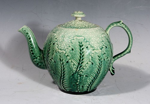 Inventory:  Majolica, American Etruscan Majolica Teapot in the form of a Cauliflower, 1880s, $1,250