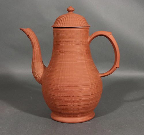 Inventory:  British Pottery, English Stoneware Pottery Redware Engine Turned Coffee Pot, 1765, $2,750