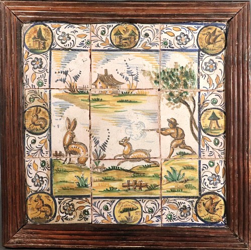 Inventory:  Spanish Faience, Spanish Faience Hunting Subject Tile Picture, Catalonia, 1800, $3,750