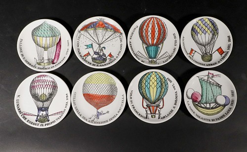 Inventory:  Piero Fornasetti, Piero Fornasetti Ceramic Palloni Pattern Hot Air Balloon- A Complete Set of Coasters, 1960s, $1,250