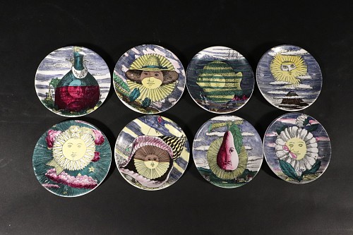 Piero Fornasetti Piero Fornasetti Surreal Sun-Motif Ceramic Complete Set of Coasters, "12 Mesi, 12 Soli" design, 1960s $1,350