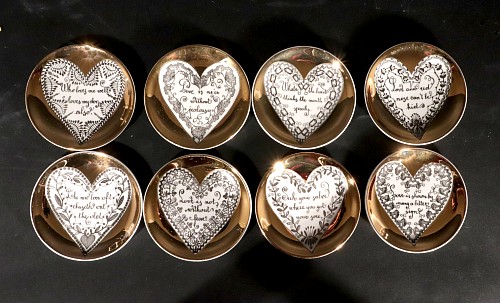 Piero Fornasetti Piero Fornasetti Ceramic "Love" Coasters, a Complete Set of Eight with Original Red Box, 1950s-60s $1,250