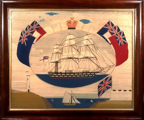 Sailor's Woolwork British Sailor's Woolwork of Second Rate royal Navy Ship with Flag Surround, 1870-75