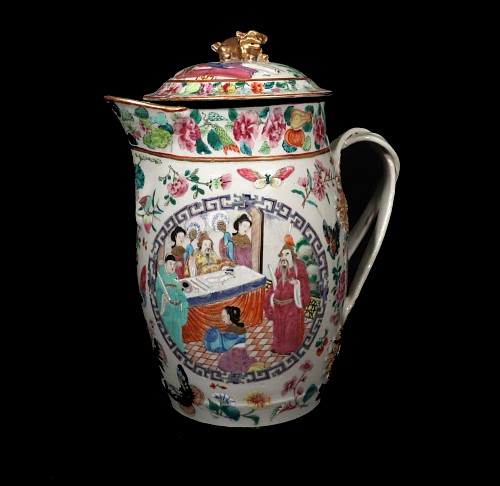 Search:  Chinese Export Porcelain, Chinese Export Porcelain Covered Rose Mandarin Cider Jug, 1810-25, $2,500