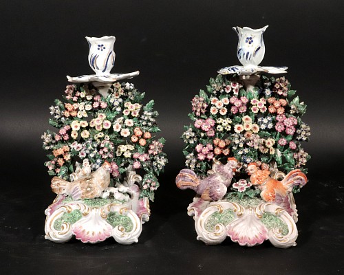 Inventory:  Derby Factory, Derby Porcelain Candlesticks decorated with Hen and Chicks, 1765, $4,250