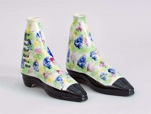 Inventory:  Pearlware, Scottish Pottery Pearlware Sponged Spirit Flasks Modelled in form of Boots, Circa 1840-50, $2,250