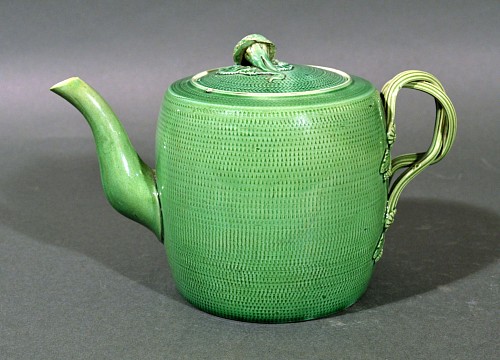 Inventory:  Creamware Pottery, English Creamware Pottery Green Glazed Teapot & Cover, Swinton, Yorkshire, 1770, $3,900