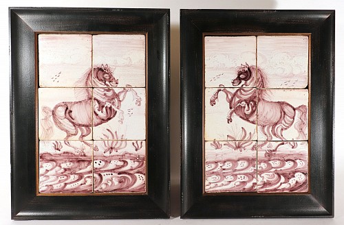Inventory:  Dutch Delft, 18th-century Rotterdam Dutch Delft Tiles Framed Pictures of Rearing Horses, 1780, $4,500