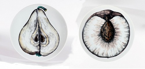 Inventory:  Piero Fornasetti, Piero Fornasetti Porcelain Sezioni Di Frutta Dessert Plates, No 4 and 12 for Tiffany, 1970s, $1,000