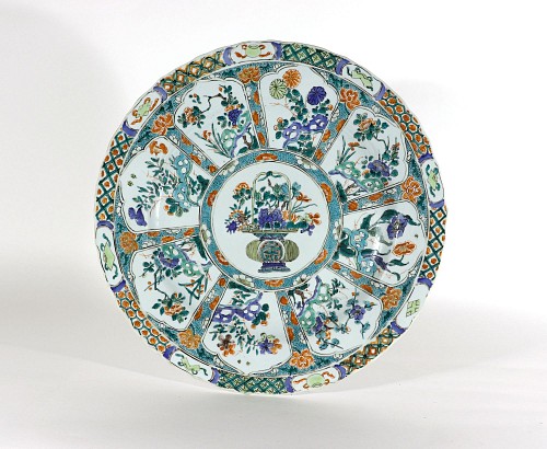 Inventory:  Chinese Export Porcelain, Chinese Porcelain Famille Verte Large "Flower Basket" Dish, Kangxi Period, 1700-10, $7,500