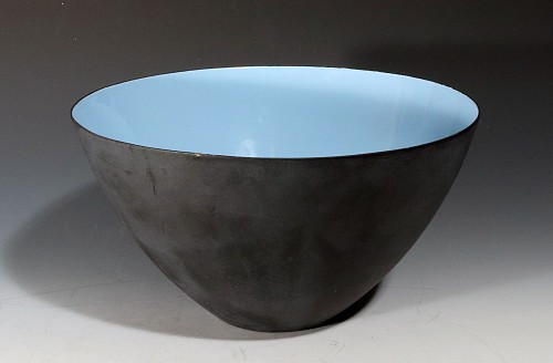 Inventory:  Mid-century Modern, Danish Modern Krenit Bowl in Black Steel and Robins-egg Blue Enamel interior by Herbert Krenchel for Torben Ã˜rskov & Co., 1950s-early 60s, $500