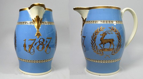 Inventory:  British Pottery, English Pottery Blue Slip Crested Jug, Dated 1787, 1787, $3,500