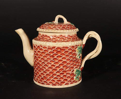 Inventory:  Creamware Pottery, English Creamware Pottery Teapot with Rare Fish Scale Design, Attributed to Yorkshire, 1770, $2,500