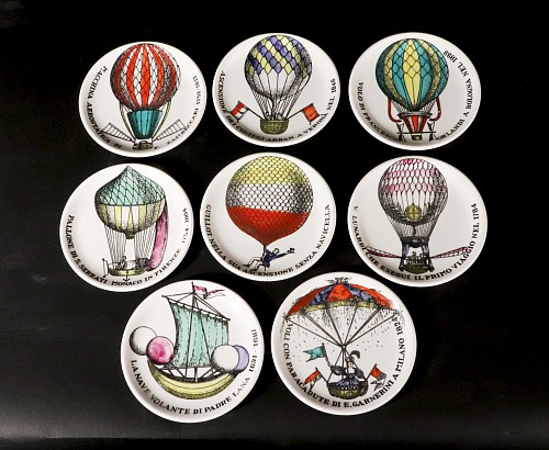 Inventory:  Piero Fornasetti, Piero Fornasetti Ceramic Palloni, Hot Air Balloon Complete Set of Coasters, 1955-60, $1,250