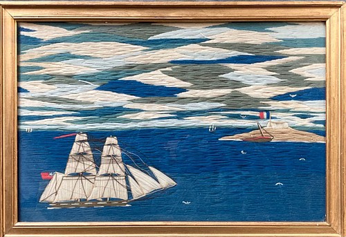 Inventory:  Sailor's Woolwork, British Sailor's Woolwork of Ship Near French Island, 1875, SOLD •