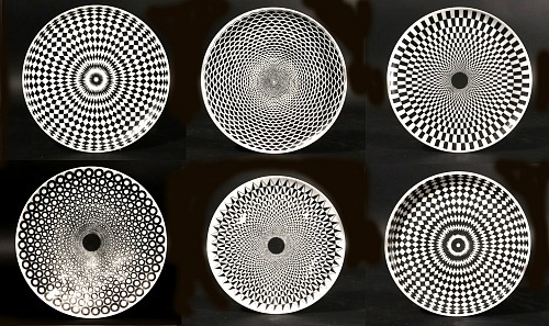Inventory:  Piero Fornasetti, Fornasetti Egocentrismo Porcelain Geometric Op Art Plates, 1990s, $3,750