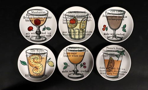 Inventory:  Piero Fornasetti, Piero Fornasetti Set of Six Ceramic Coasters with Cocktail Recipes, 1960, $750