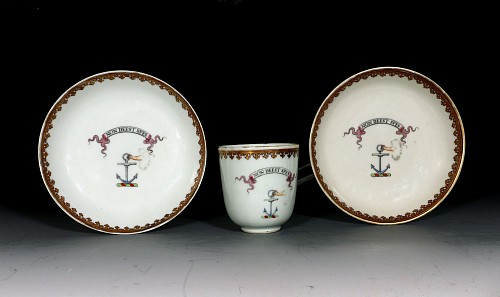 Inventory:  Chinese Export Porcelain, Chinese Export Porcelain Armorial Coffee Cup and Two Saucers, Arms of Forbes of  Alford, 1765, $1,250