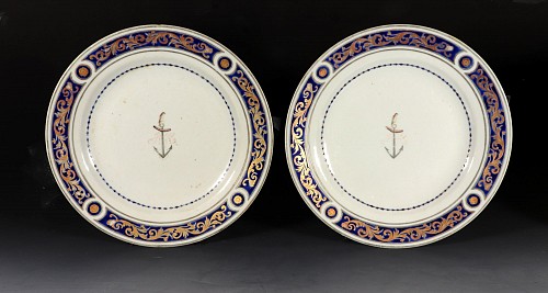 Inventory:  Chinese Export Porcelain, Chinese Export Porcelain Armorial Crested Pair of Plates, Bird & Anchor, Possibly Gray Family, 1800, $1,250